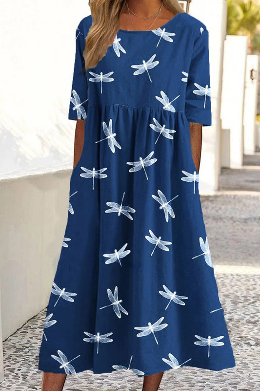 Dragonfly Femme - Robe Midi Imprimée Bleue | Décontracté