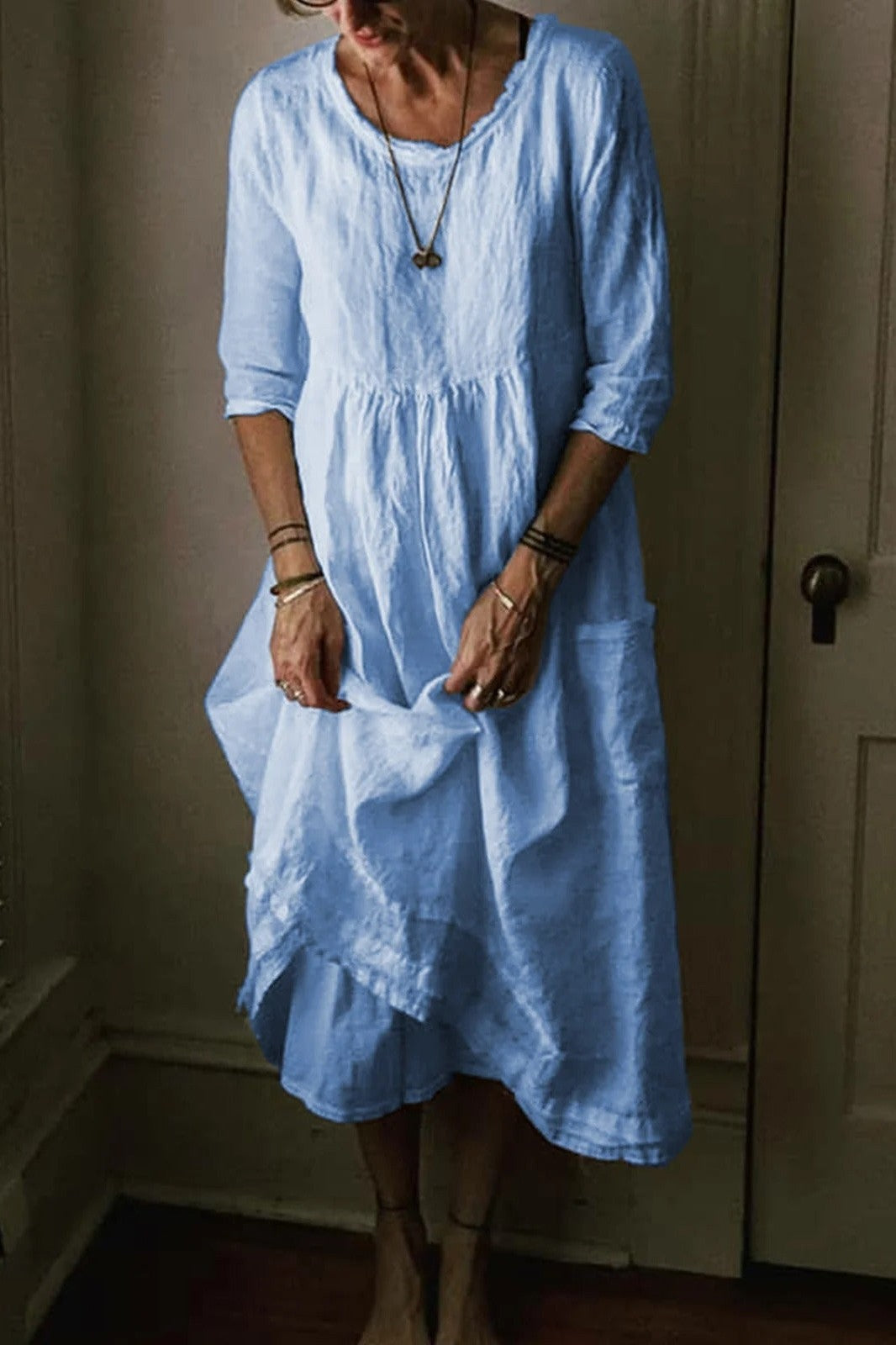 Robe Midi À Col Rond De Couleur Unie Pour Femme | Simple & Chic