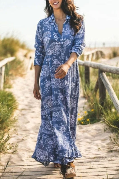 Robe Maxi À Imprimé Graphique Col Bleu Pour Femme | Formelle