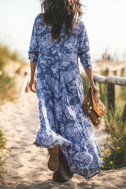 Robe Maxi À Imprimé Graphique Col Bleu Pour Femme | Formelle