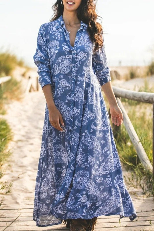 Robe Maxi À Imprimé Graphique Col Bleu Pour Femme | Formelle