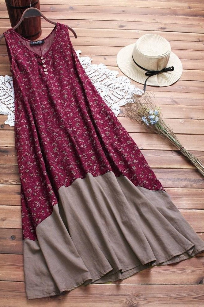Robe Longue Patchwork À Imprimé Floral Rouge Pour Femme | Automne