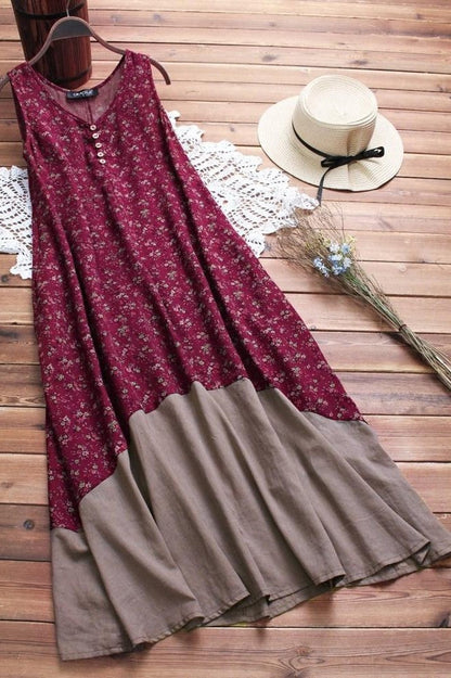Robe Longue Patchwork À Imprimé Floral Rouge Pour Femme | Automne