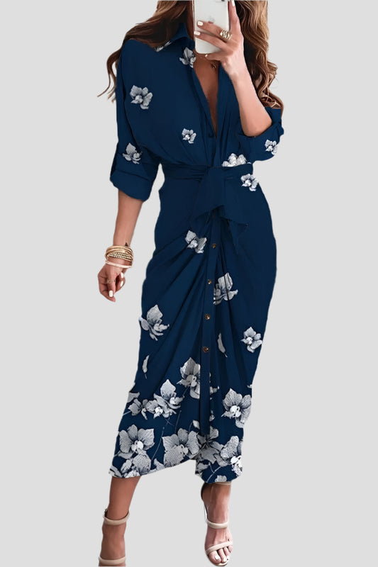 Robe Midi Pour Femme Imprimée Florale À Boutons De Lapel | Moderne