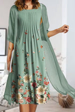 Robe Midi Deux Pièces À Manches Demi-décontractées Pour Femmes, Imprimé Floral | Automne