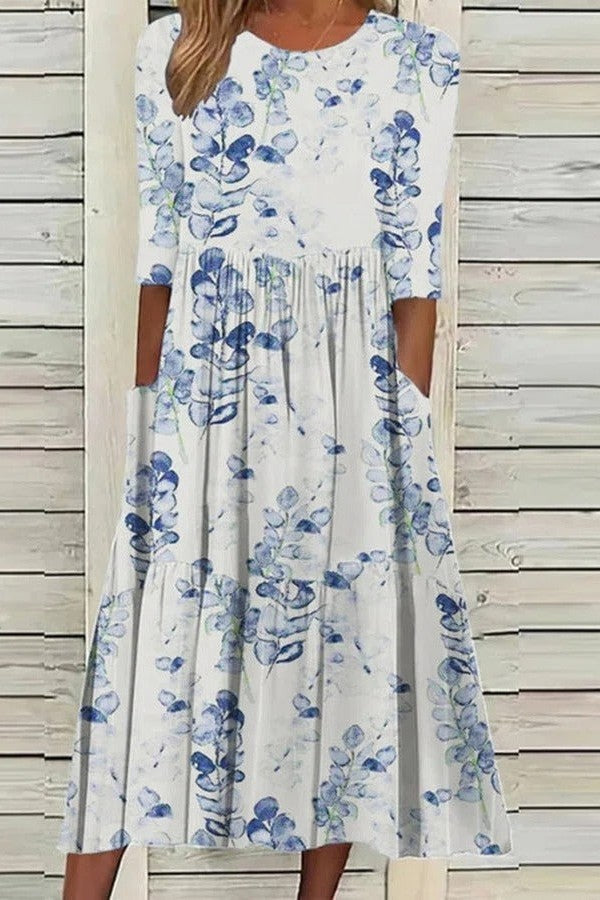Robe Midi À Imprimé Floral Et Col Rond Pour Femme | Classique Et Confortable