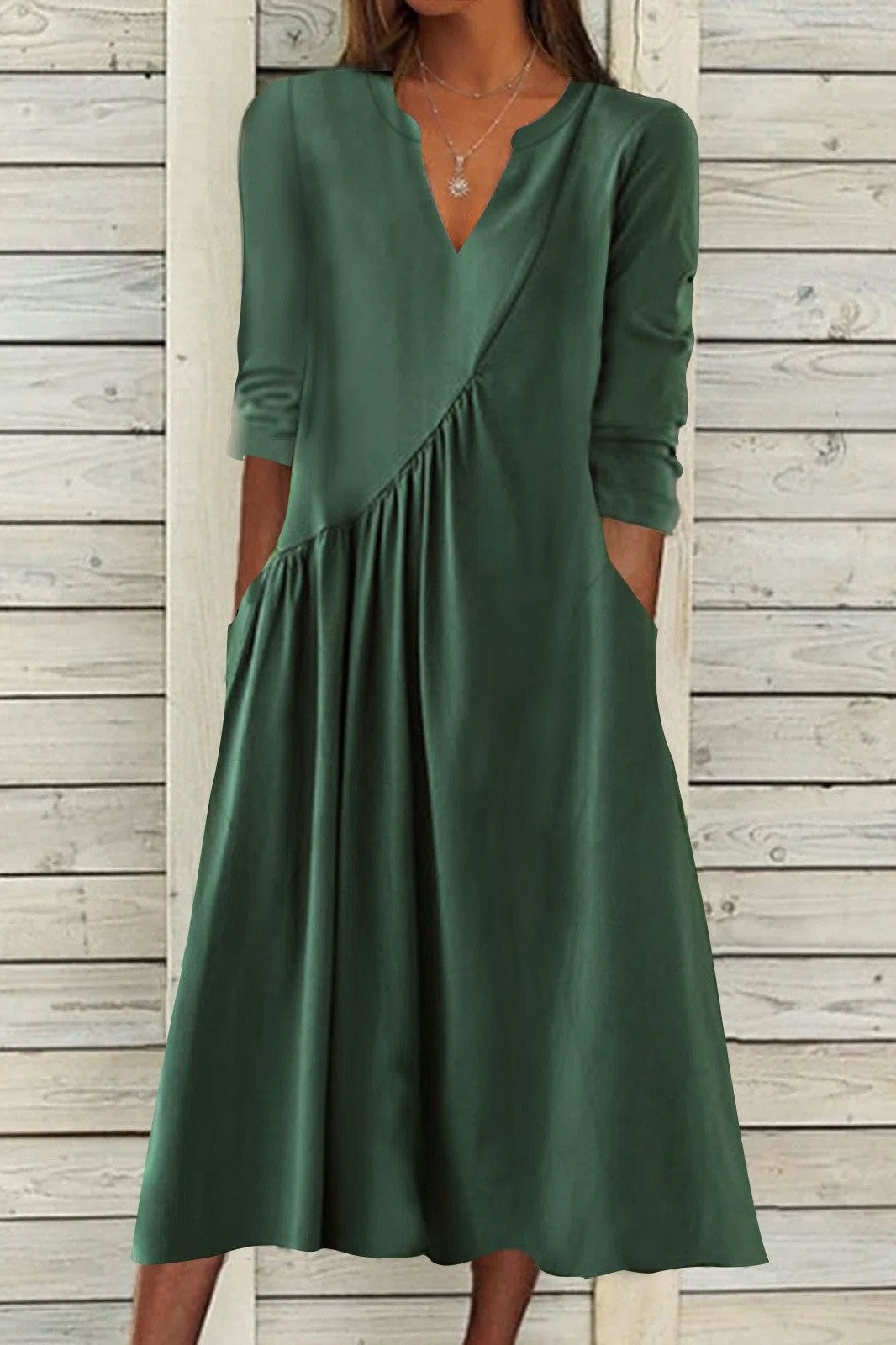 Robe Midi À Manches Longues, Col En V, Ruchée, De Couleur Unie, Pour Femmes | Élégante Et Confortable