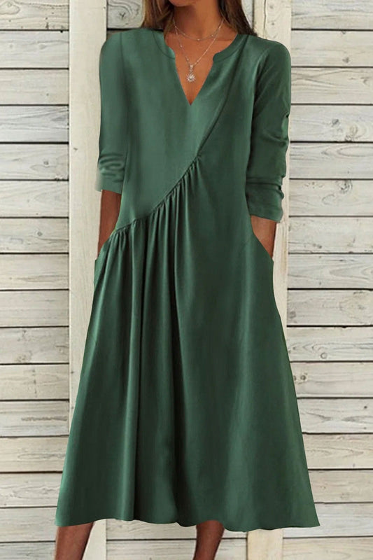 Robe Midi À Manches Longues, Col En V, Ruchée, De Couleur Unie, Pour Femmes | Élégante Et Confortable