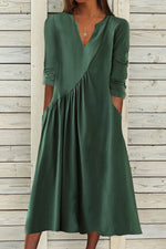 Robe Midi À Manches Longues, Col En V, Ruchée, De Couleur Unie, Pour Femmes | Élégante Et Confortable