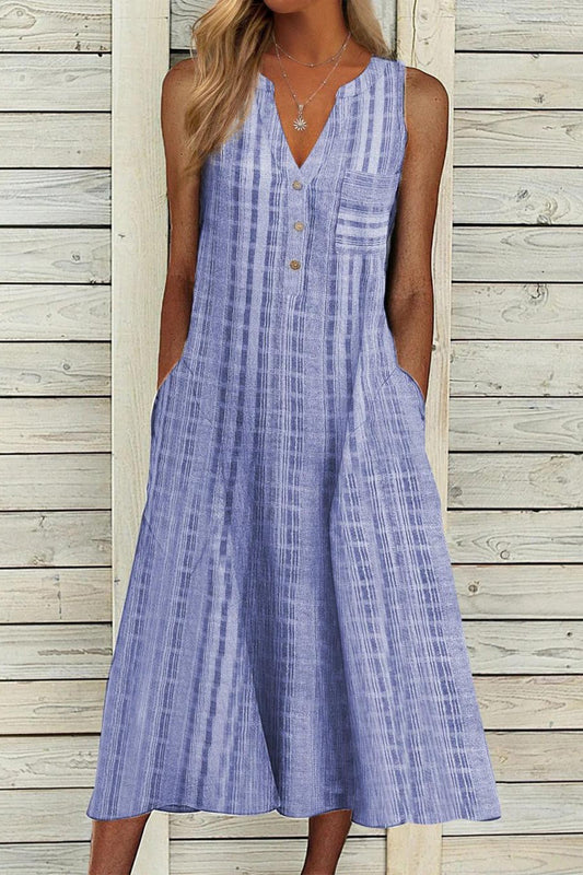 Robe Midi Décontractée Sans Manches À Col En V Et Boutons Imprimé Écossais Pour Femmes | Élégant