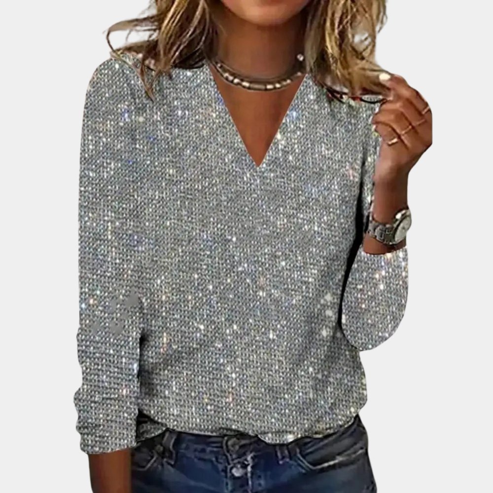 Top Ample À Manches Longues Avec Paillettes Et Respirant Pour Les Femmes | Col En V
