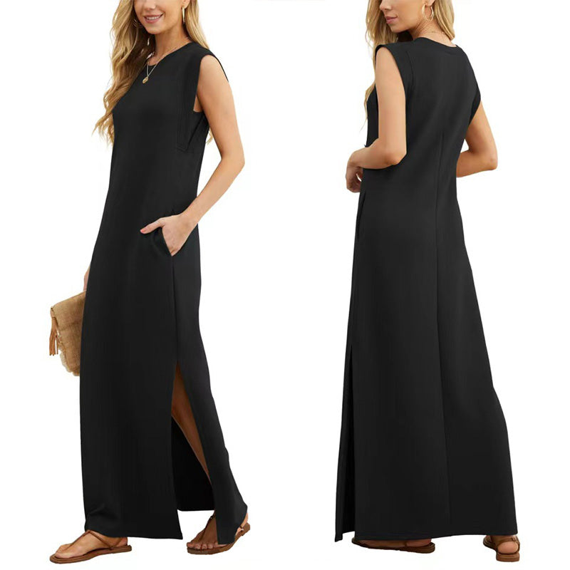 Cerise | Longue Robe Fendue | Sans Manches