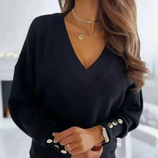 Pull-over À Col En V À Boutons Élégants Pour Femmes | Décontracté